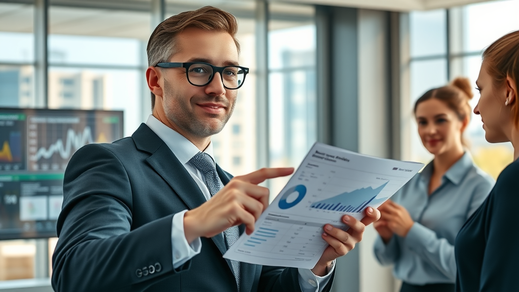 outsourced marketing executive presenting analytics to business team in modern office setting
