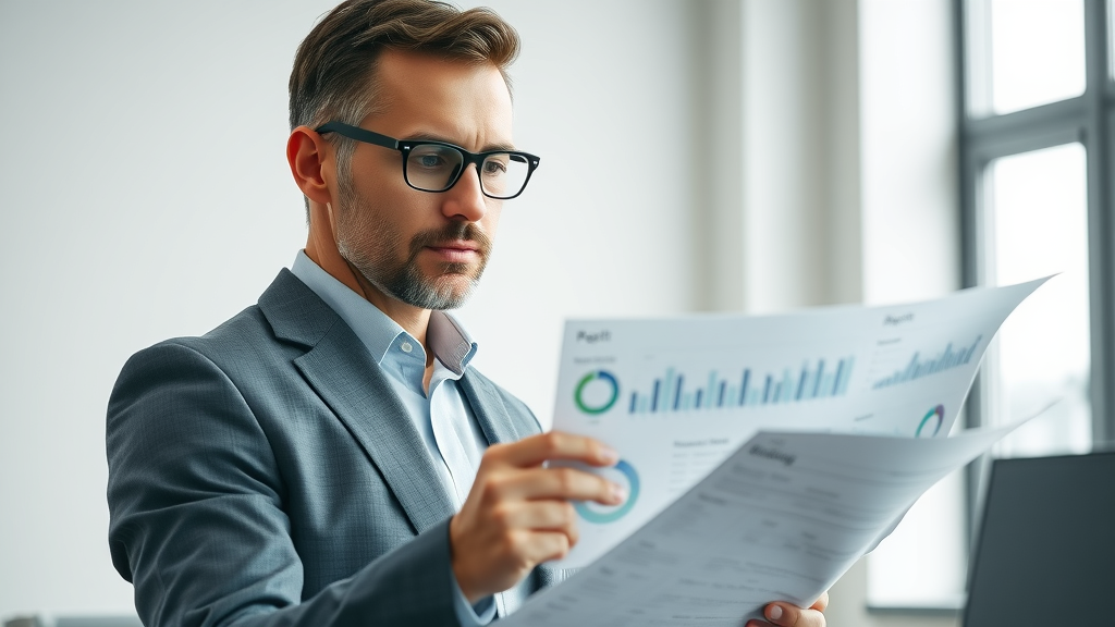 Determined analytical business manager reviewing KPI dashboard for digital marketing solutions for SMBs
