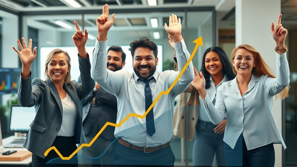 dynamic business growth graph, scalable marketing frameworks, excited diverse business team celebrating results, modern corporate office