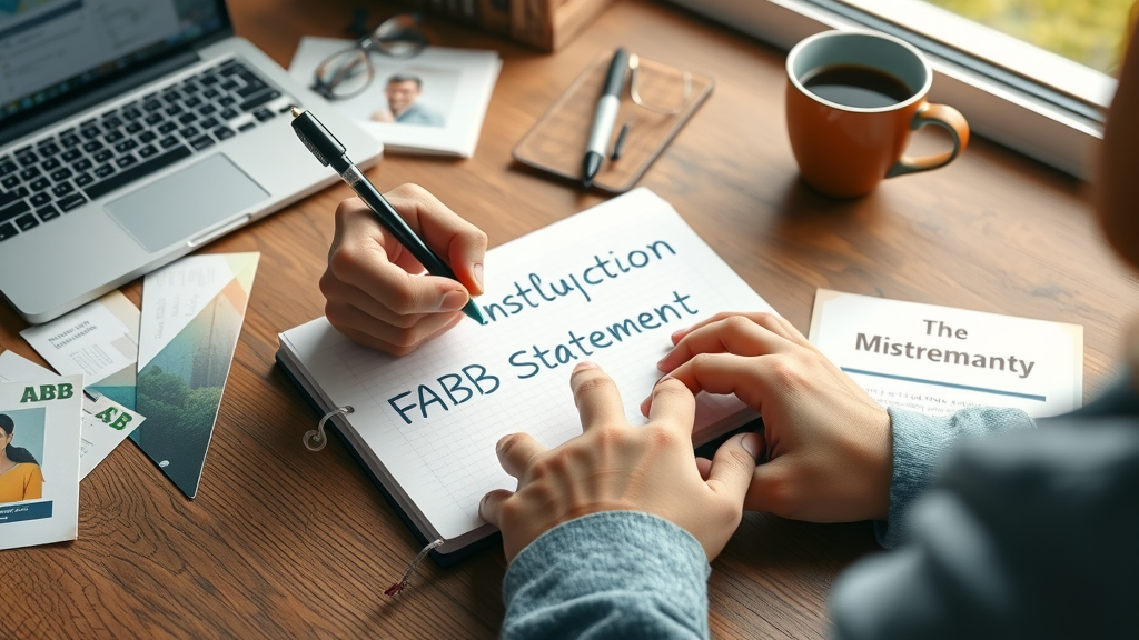 Marketer writing FABB framework marketing statement in notebook with workspace background