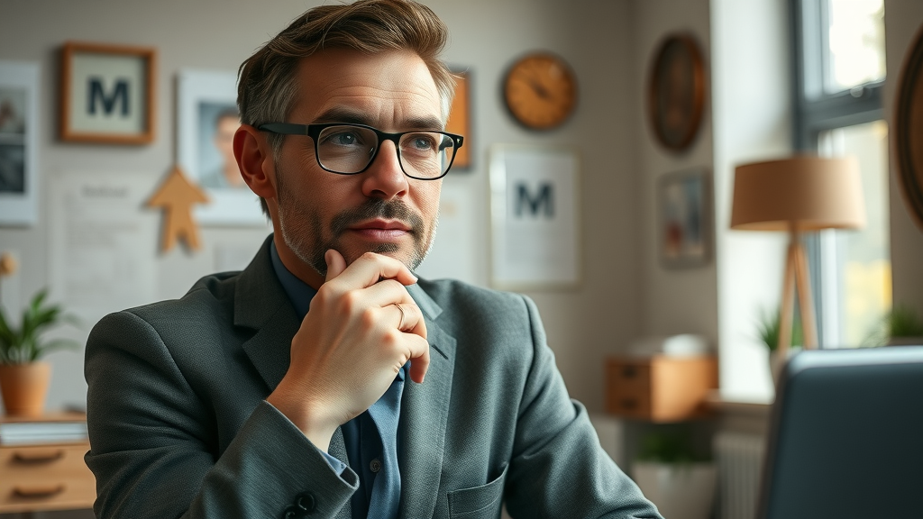 small business owner considering hiring a fractional CMO in cozy branded office