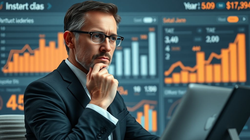 thoughtful CEO reviewing candidate profiles for marketing leadership, digital dashboard interface in background