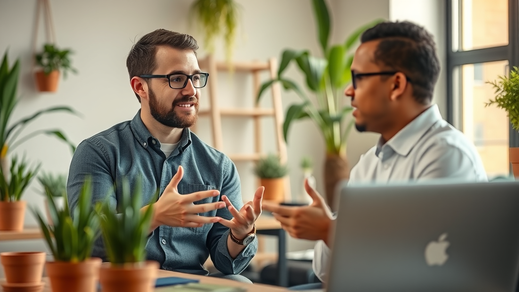 Digital marketing consultant advising a small business owner, contemporary office setting