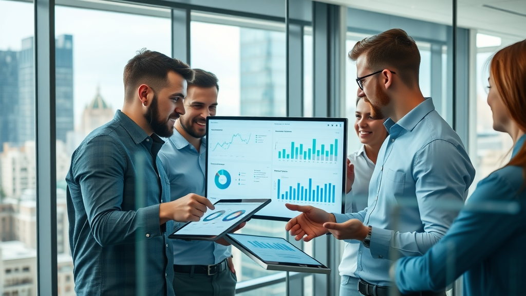 dynamic team of marketing operations professionals collaborating and analyzing digital dashboards and workflow charts, marketing operations management in a modern glass office