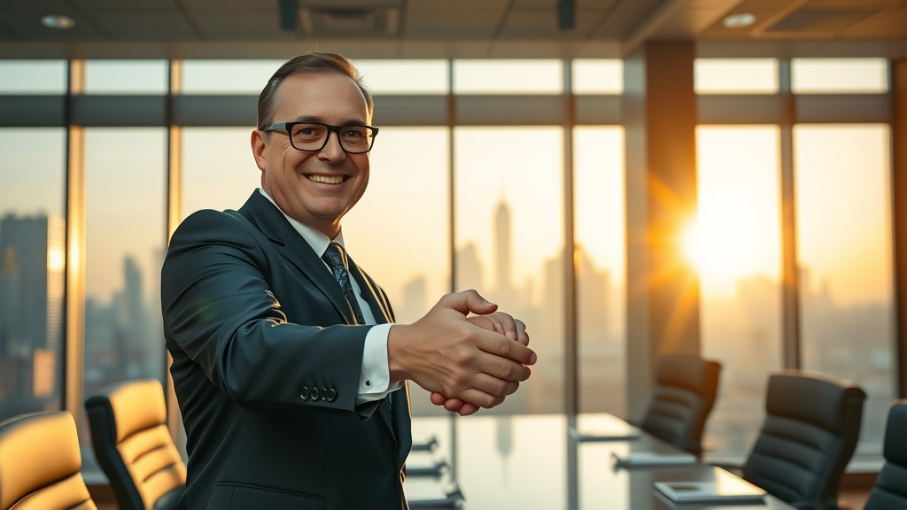triumphant chief marketing officer shaking hands after closing a deal in boardroom with skyline