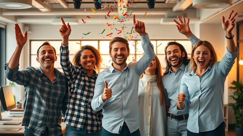 Jubilant startup team celebrating marketing ROI results, confetti flying, open office with digital charts after fractional CMO services