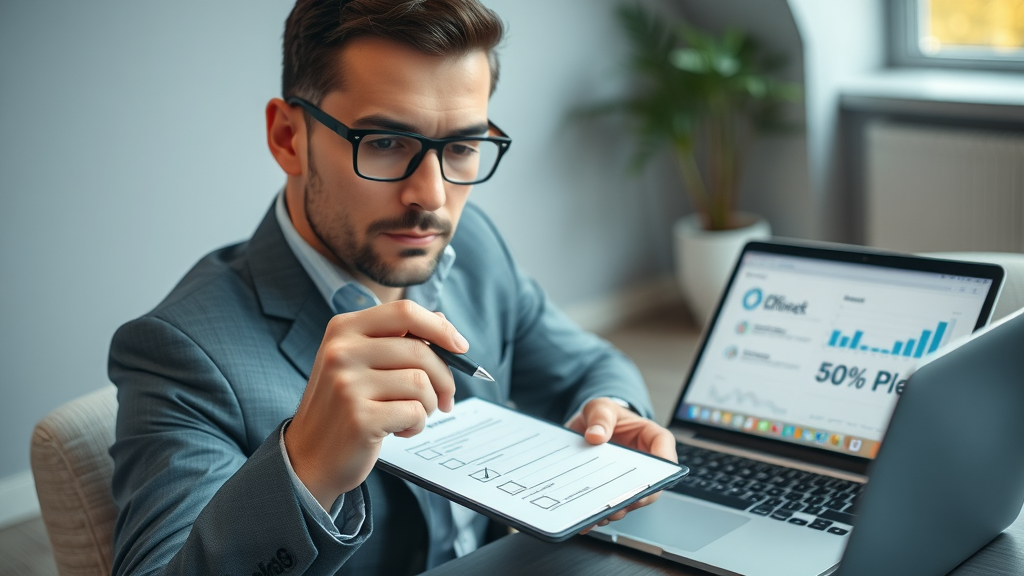 Organized business professional checking a digital strategy checklist for implementing fractional CMO services