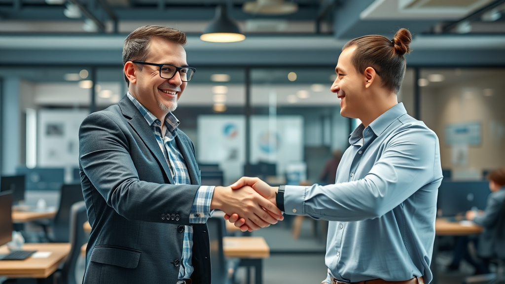 Confident fractional CMO consultant shaking hands with small business owner, closing agreement, coworking space with branding, technology in background