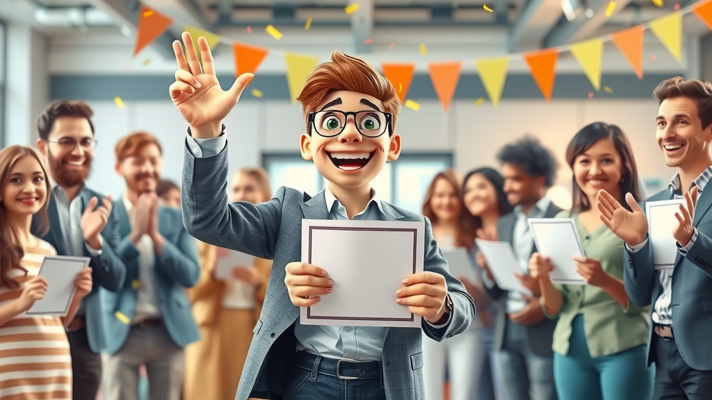 Cheerful marketing leader rewarding team members for successful collaboration