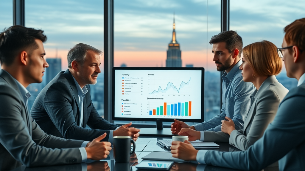 executive team setting marketing KPIs together, analyzing charts, digital marketing fractional CMO agency, modern boardroom