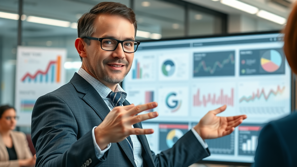 growth marketing consultant confidently presenting data-driven strategy on a digital board in a modern office, infographic elements