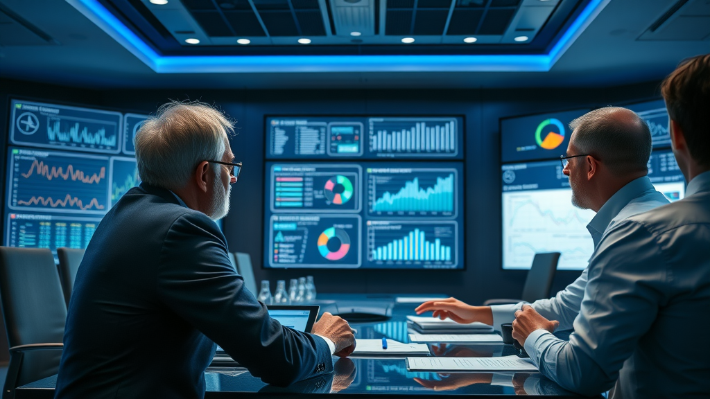 Analysts reviewing KPIs of marketing team collaboration on digital screens