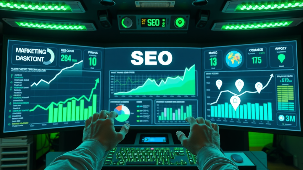 Innovative marketing dashboard showing rising SEO and local search performance metrics for SMB digital marketing solutions