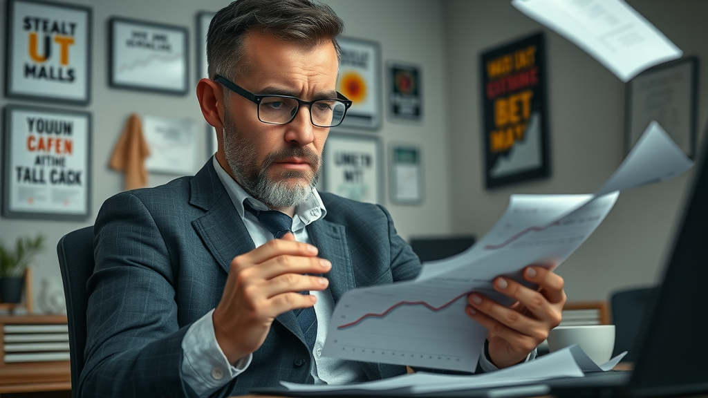 Concerned business owner assessing declining marketing data, considering the benefits of hiring a fractional CMO, small business setting