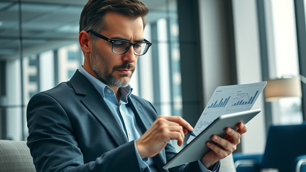 Outsourced marketing leadership: Executive reviewing marketing performance data in office with charts and digital graphs