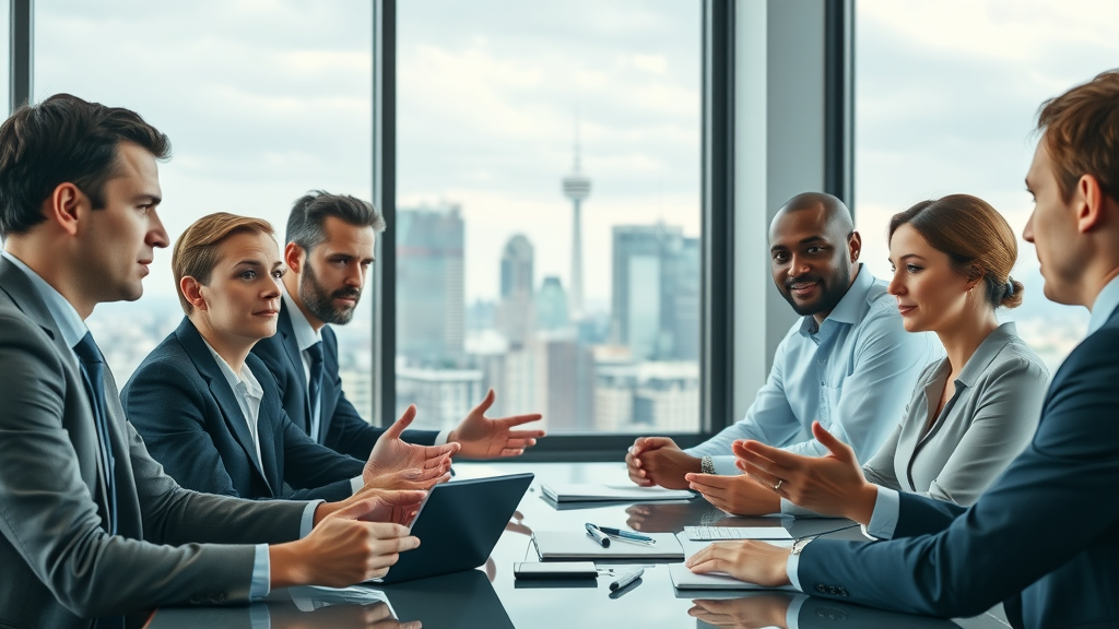 professional business team in a modern boardroom discussing fractional CMO pricing strategies, with chief marketing officer and marketing team present, photorealistic, city skyline, windows, natural posture, crisp detail, no disfigured faces or limbs