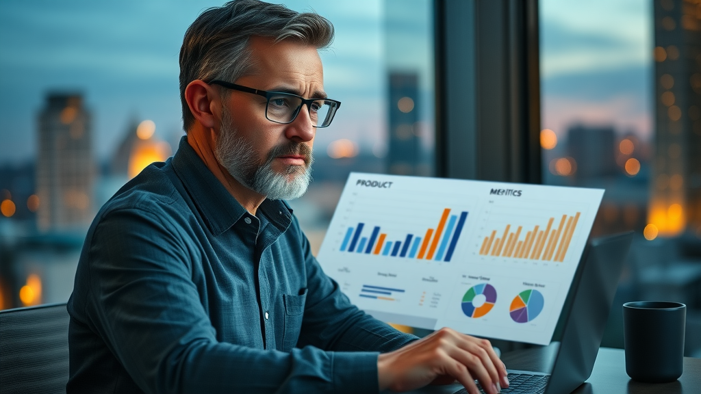 Thoughtful senior marketer analyzing dual charts of product and brand metrics for product marketing leadership trends