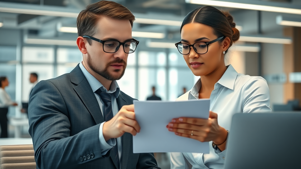 professional business team in a modern office, two executives (one part-time and one full-time) collaborating over a digital marketing strategy, sharp focus, cool corporate color palette, natural daylight