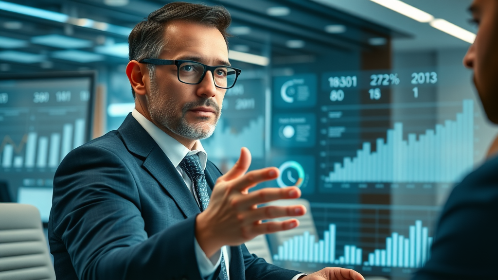 business scaling solutions leader analyzing digital graphs on transparent screen