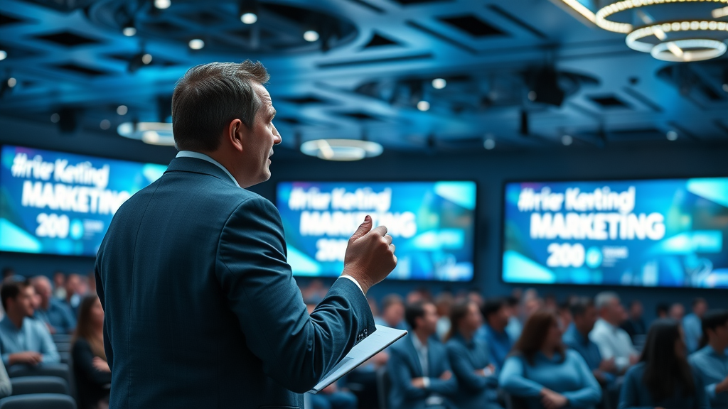 inspiring keynote speaker presenting marketing trends at the fractional cmo insights forum conference to an attentive audience
