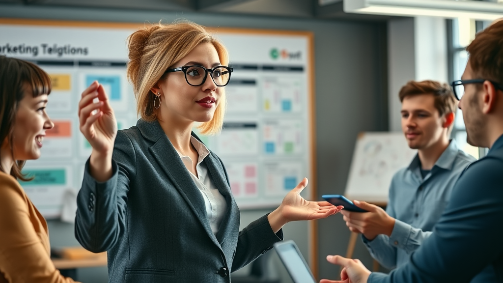 Outsourced marketing leadership: Female executive presenting creative solutions to team during agency brainstorming session