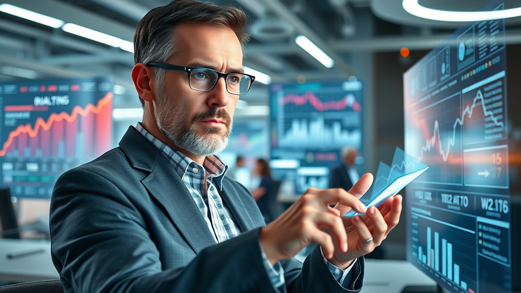 Forward-thinking marketing expert examining futuristic digital marketing trend graphs