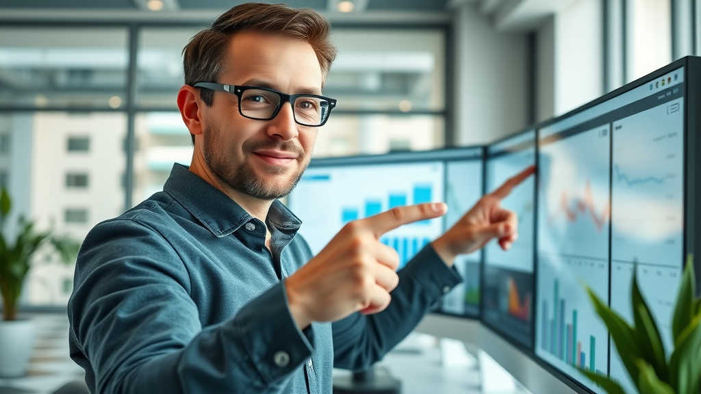 Expert analyzing SEO data and pointing at analytics dashboard in a modern office
