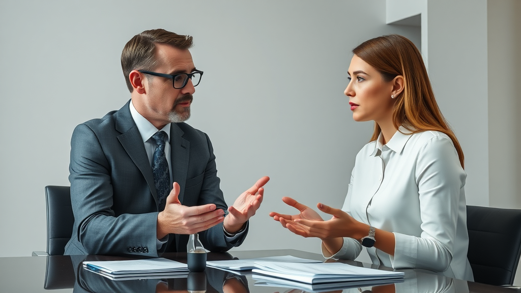 Selective business manager interviewing fractional chief marketing officer candidate, resumes and credentials in formal setting