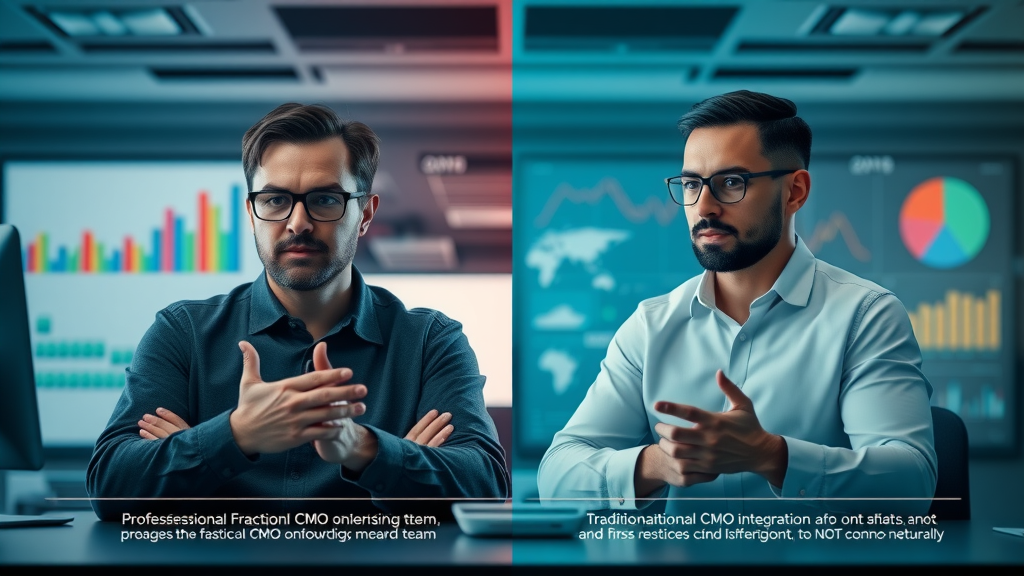 Infographic comparing fractional CMO onboarding and traditional CMO integration, clarity and collaboration in digital workspace