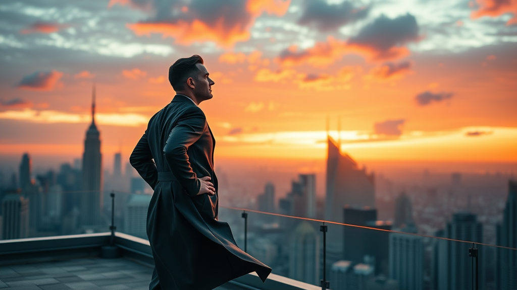 Visionary business leader representing the future of fractional CMO marketing leadership, city skyline at sunset, digital transformation