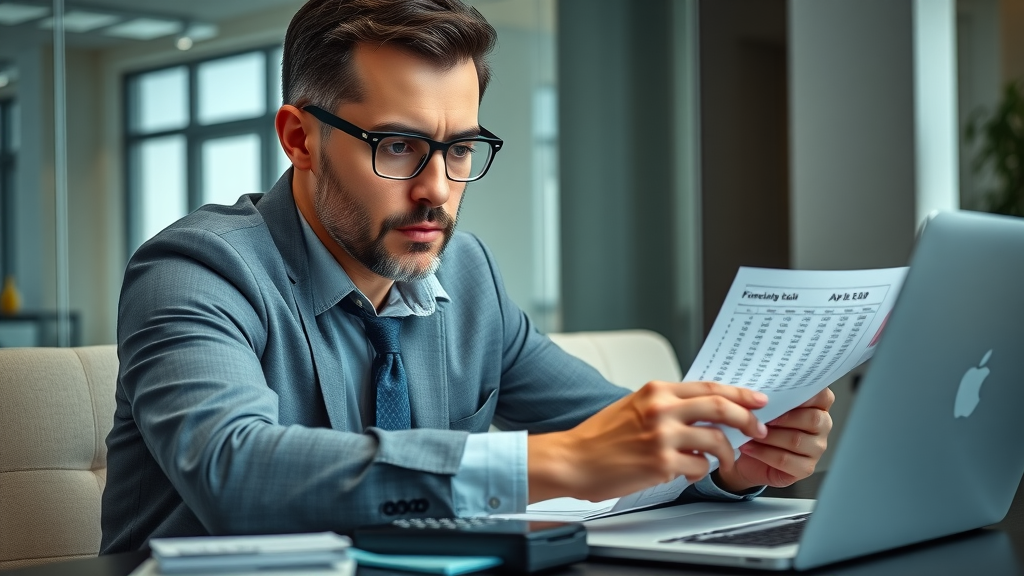 Finance-savvy fractional marketing executive reviewing cost tables and budget reports