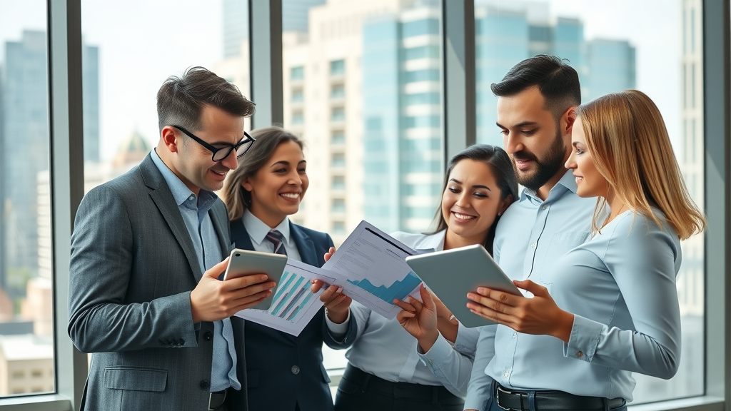 professional small business team strategizing in a modern office, collaborative and focused, reviewing marketing charts and data, digital marketing fractional CMO agency, city background, lifelike