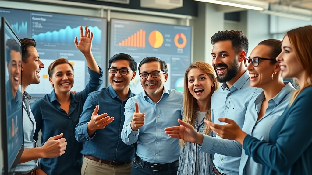 Dynamic team of marketers analyzing real-time growth analytics for a marketing strategy for growth