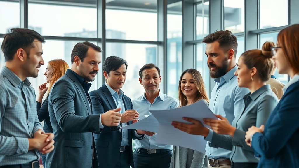 business scaling solutions vibrant team collaborating modern office city skyline glass windows