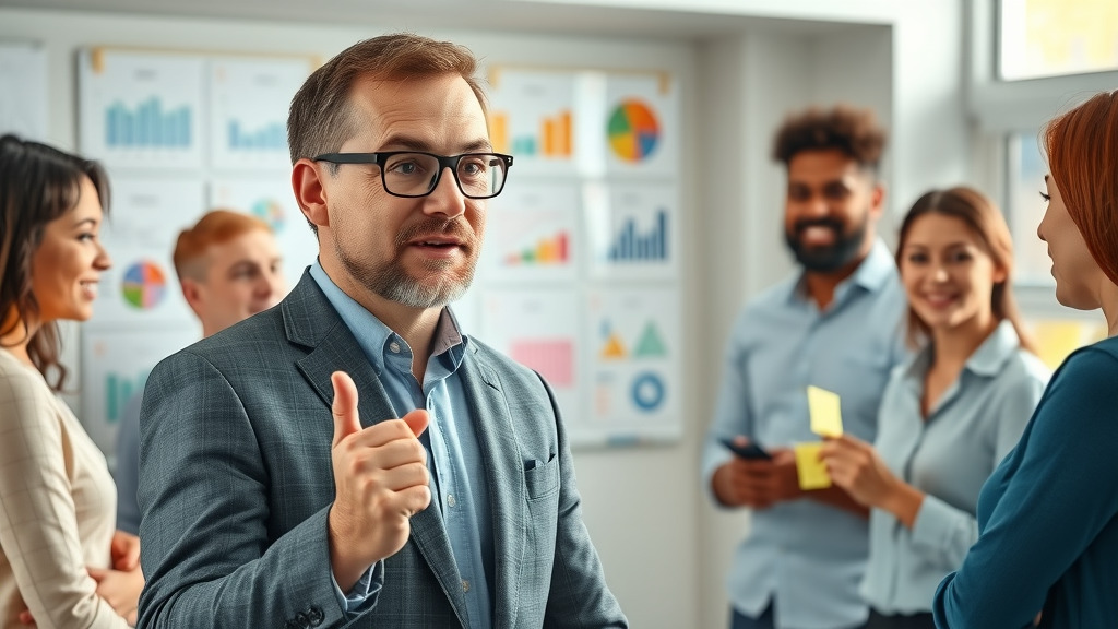 confident growth marketing consultant leading a diverse team brainstorming in a collaborative office with charts and whiteboards