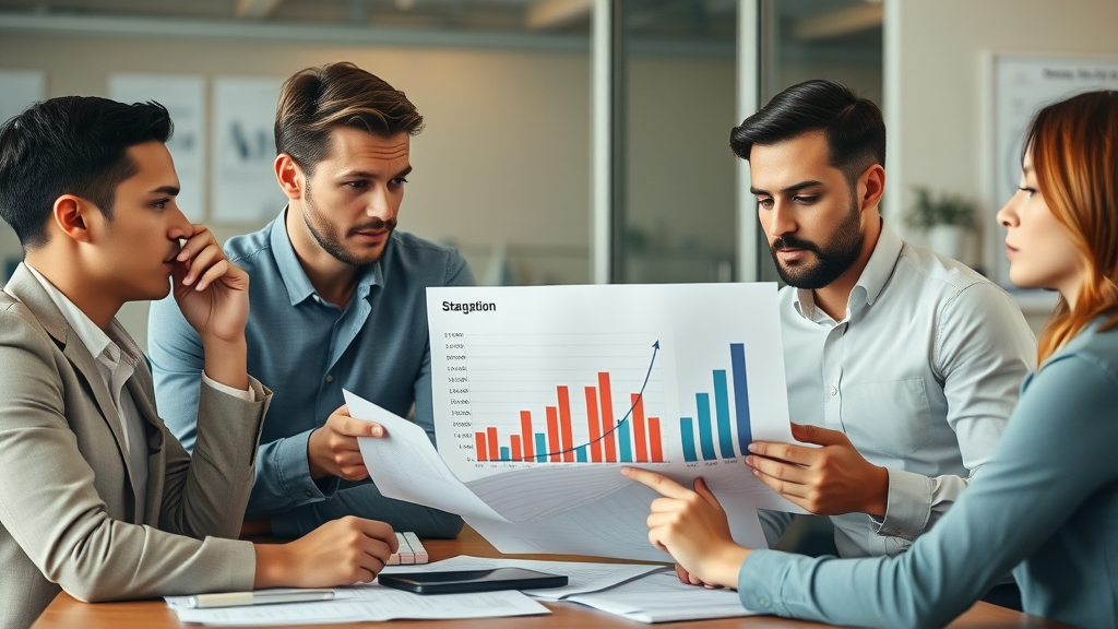 mid-sized business team considering hiring a fractional CMO while analyzing stagnant growth charts