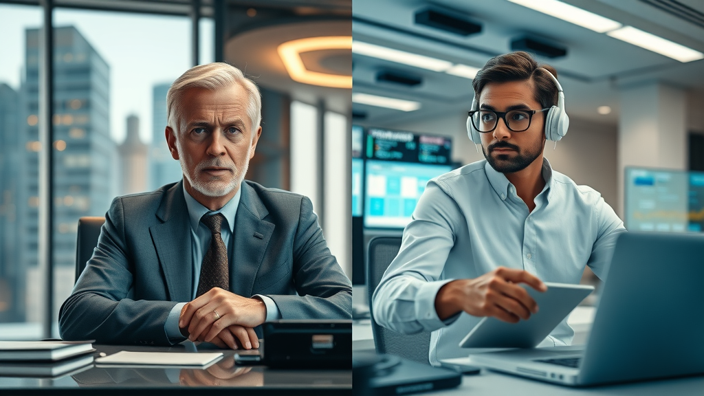 split-screen visual comparison of a full-time CMO in a corporate office and a fractional CMO in a flexible workspace, showcasing marketing officer options, no text, contrasting energy
