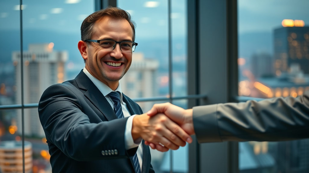 Business executive shaking hands with seamless fractional CMO, symbolizing successful integration and partnership