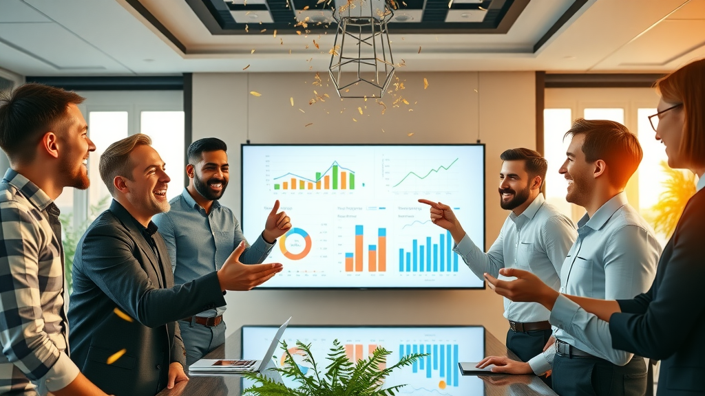 celebratory marketing consulting firm team with growth metrics and charts