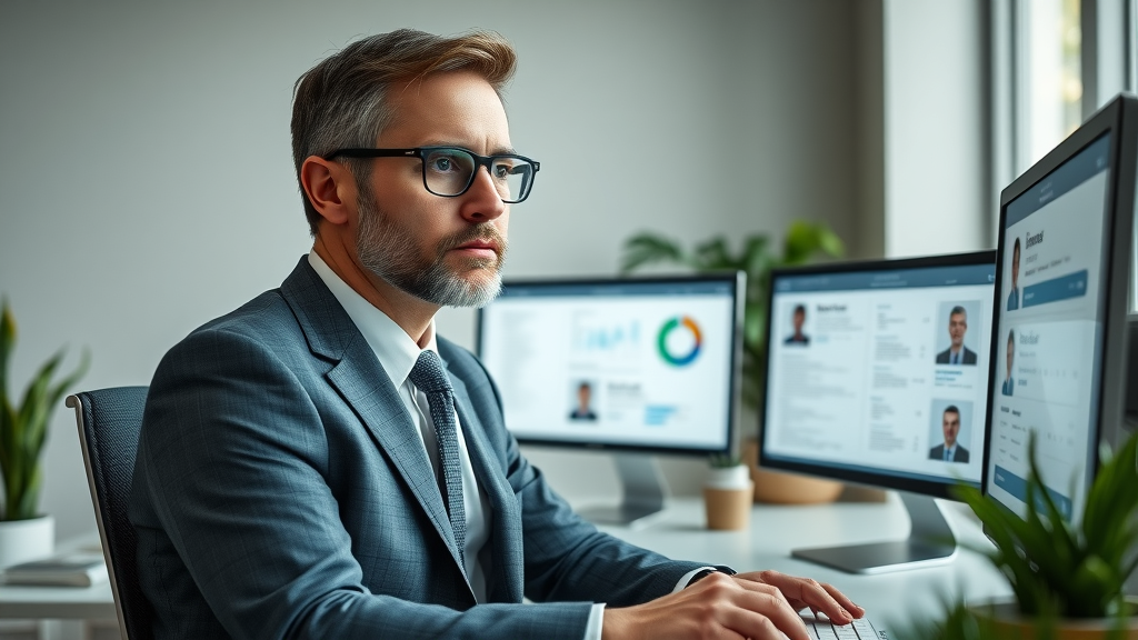 recruiter reviewing fractional cmo candidates on screen, natural and professional office setting