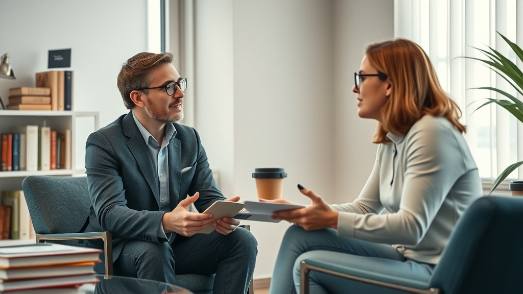 Hiring a fractional CMO, professional interviewer and CMO candidate exchanging questions in modern lounge