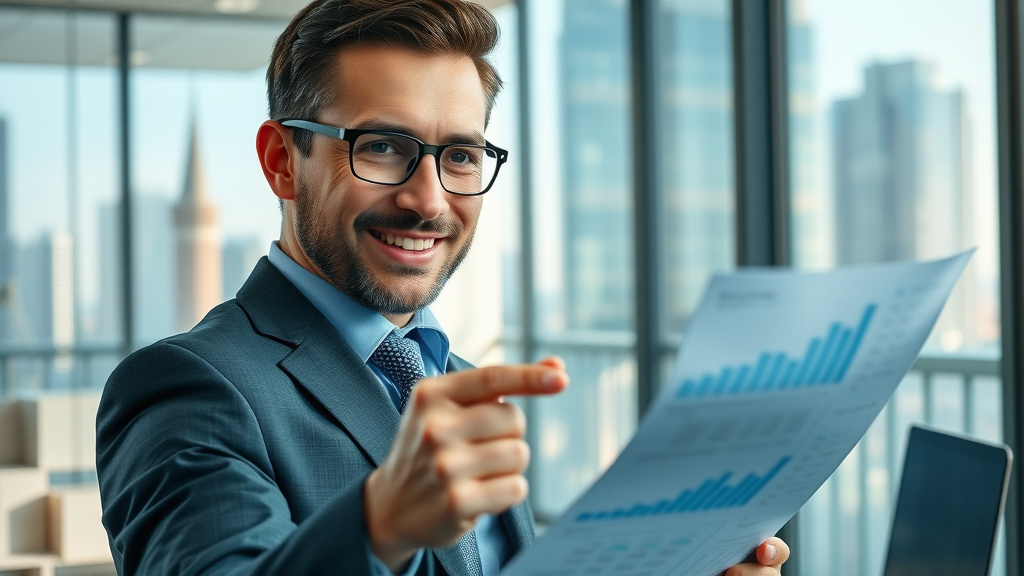 Confident marketing leader reviewing business growth charts, explore fractional cmo starter package, digital marketing leadership in office