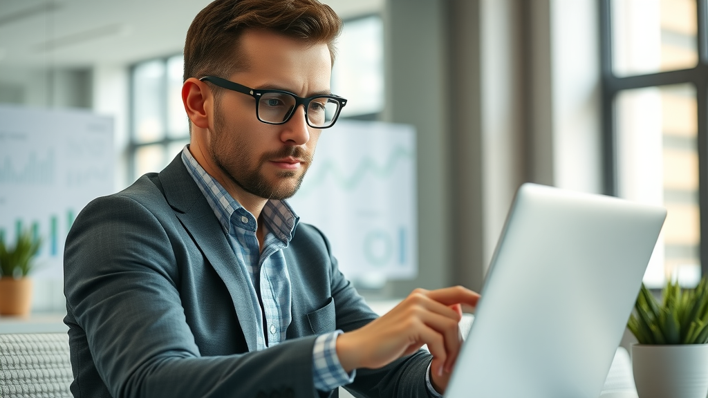 focused business owner reviewing digital marketing analytics and ROI metrics on laptop
