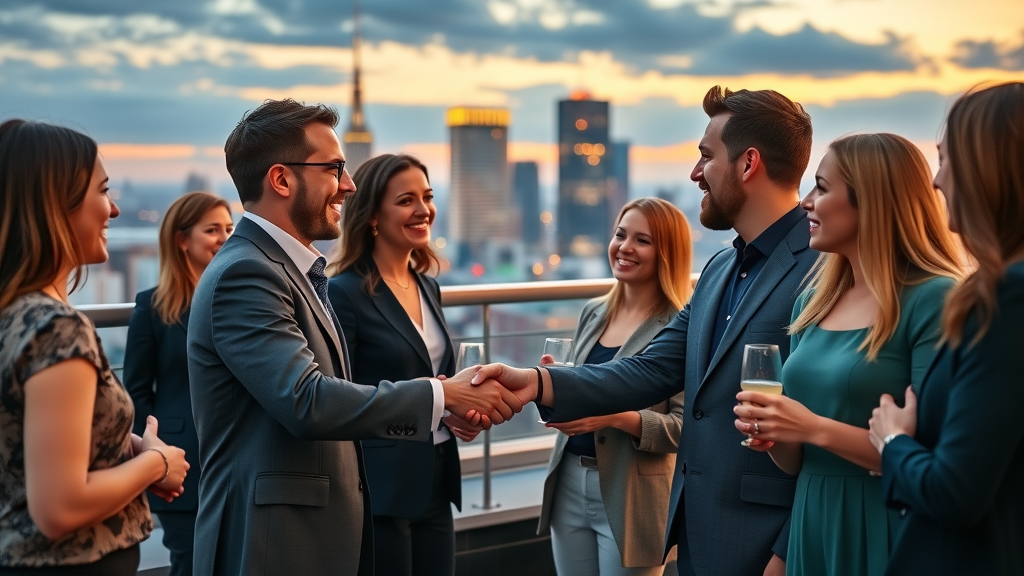high-achieving marketing professionals congratulating each other at exclusive networking event on rooftop
