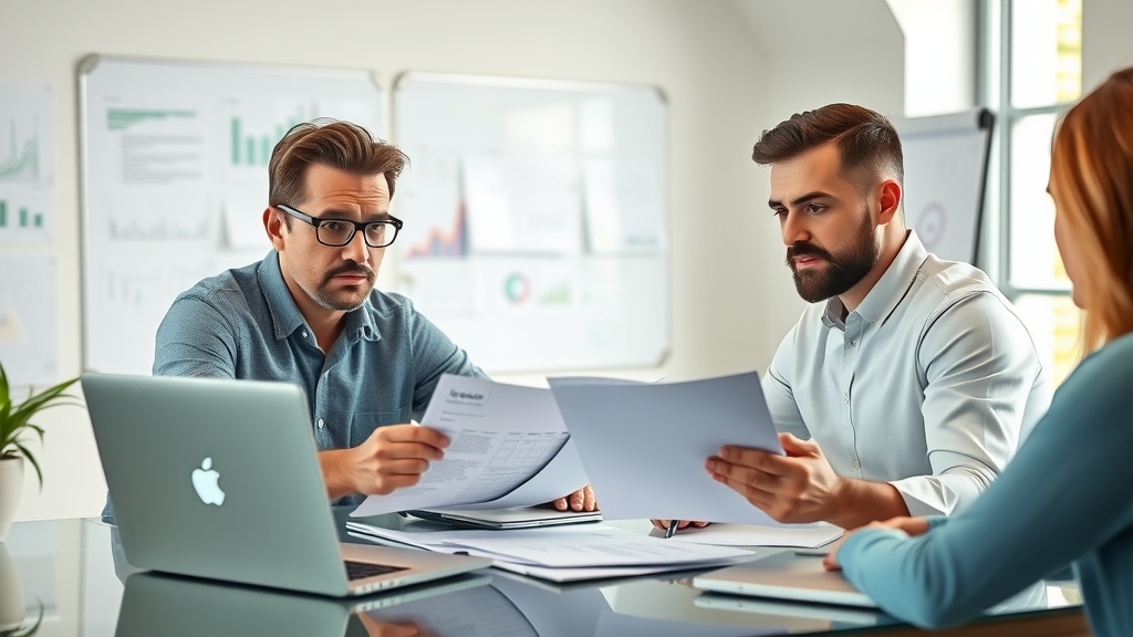 Small business owners strategizing digital marketing plans in a bright studio