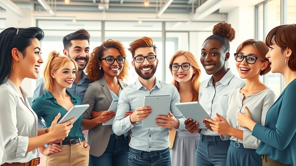 Outsourced marketing leadership: Diverse marketing team onboarding new outsourced leader in bright, open-plan office