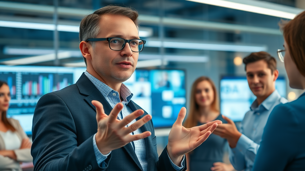 Confident fractional CMO leading a strategic marketing presentation to a professional marketing team
