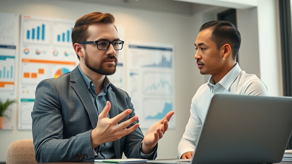 Knowledgeable digital marketing consultant advising a small business client in modern office