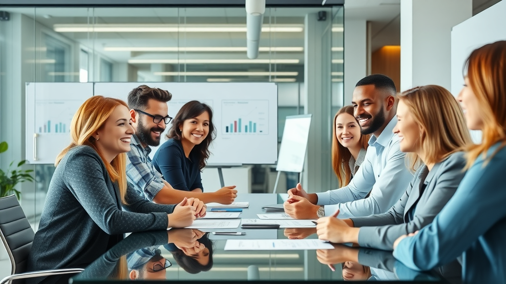 Energetic marketing team collaboration in modern office using strategy and digital screens