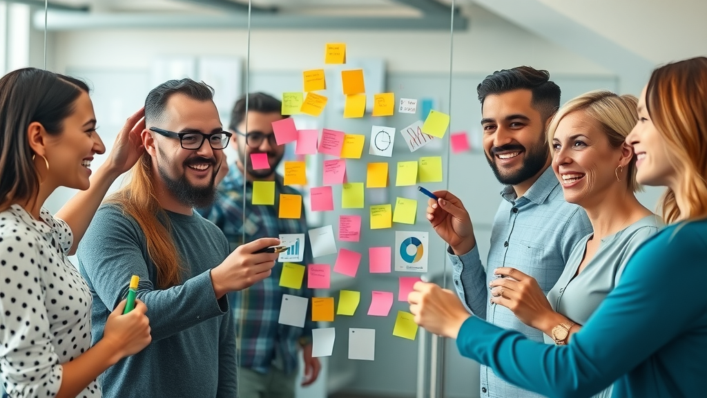 Collaborative marketing workshop with fractional CMO and team, brainstorming a marketing plan with glass board and sticky notes